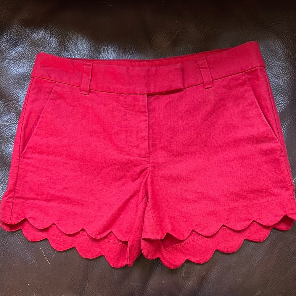 J. Crew Red Linen High Waist Scalloped Hem Shorts Size 2